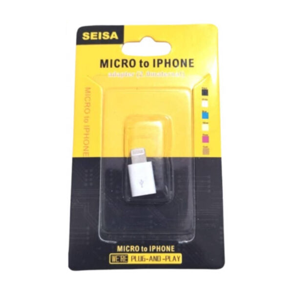 Adaptador Micro USB Hembra a Lightning Macho 8 pines Iphone Seisa - presentación Adaptador Micro USB Hembra a Lightning Macho 8 pines Iphone Seisa - presentación