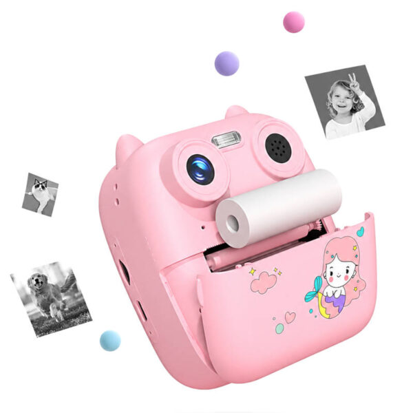 Cámara de fotos con impresión portátil infantil Childrens Time - rosa - vista lateral con fotos impresas volando Cámara de fotos con impresión portátil infantil Children's Time