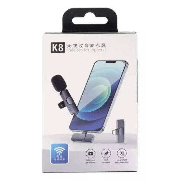 Micrófono corbatero inalámbrico con receptor tipo C y adaptador iPhone K8 - caja Micrófono corbatero inalámbrico con receptor tipo C y adaptador iPhone K8
