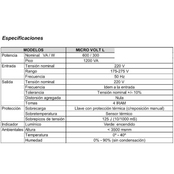 Estabilizador de tensión Micro Volt L 1200 TRV - especificaciones Estabilizador de tensión Micro Volt L 1200 TRV - especificaciones