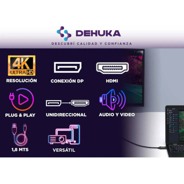Cable Displayport a HDMI 4K 1.8 metros Dehuka - caracteristicas Cable Displayport a HDMI 4K 1.8 metros Dehuka - caracteristicas