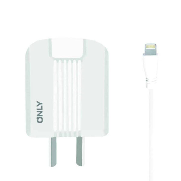 Cargador 220V nly Mod06 – 4.4A - 2 USB + cable Lightning - vista de frente cargador y cable