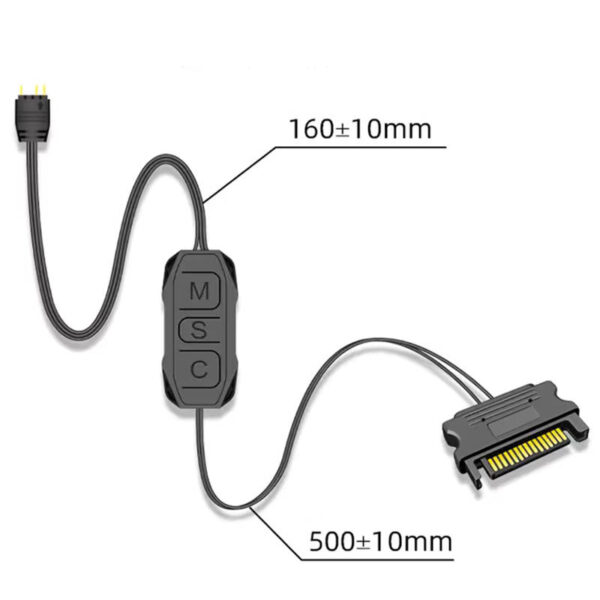 Controladora ARGB 5v 3 pines a SATA Coolmoon AR-1 - medidas cables Controladora ARGB 5v 3 pines a SATA Coolmoon AR-1 - medidas cables