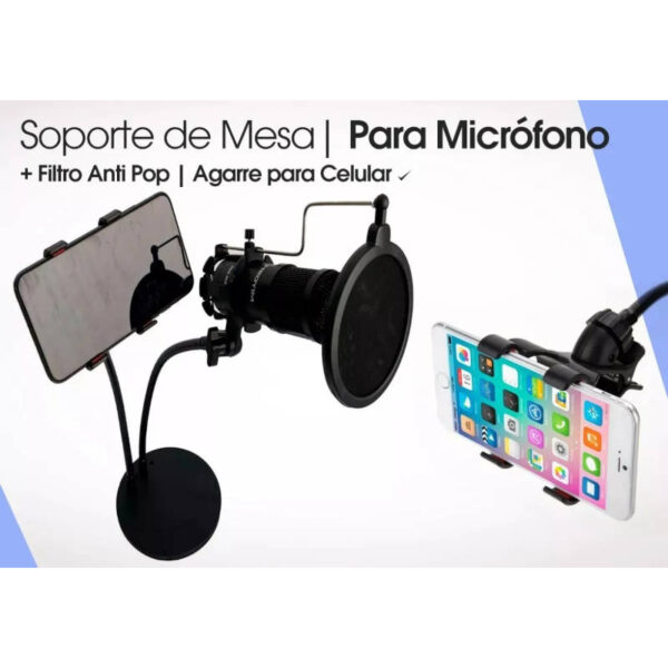 Soporte doble ganso para celular y micrófono - con filtro anti pop Soporte doble ganso para celular y micrófono - con filtro anti pop