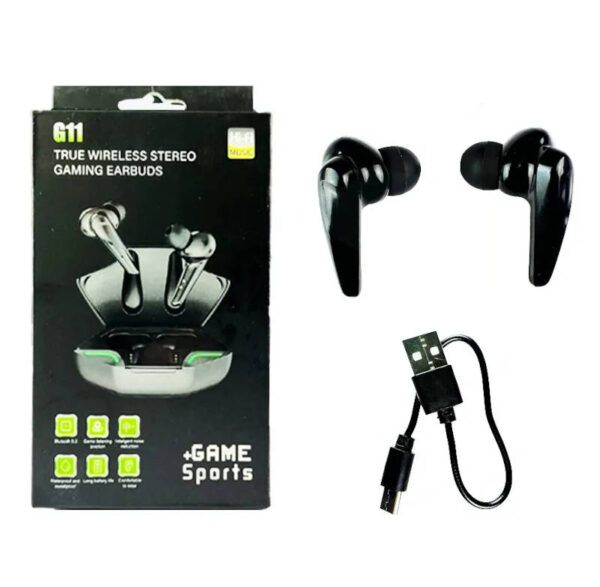 Auriculares inalámbricos gamer G11 con estuche de carga - caja y su contenido