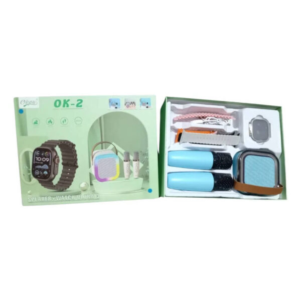 Kit Smartwatch con 4 mallas + Parlante con 2 micrófonos OK-2 - interior de la caja Kit Smartwatch con 4 mallas + Parlante con 2 micrófonos OK-2