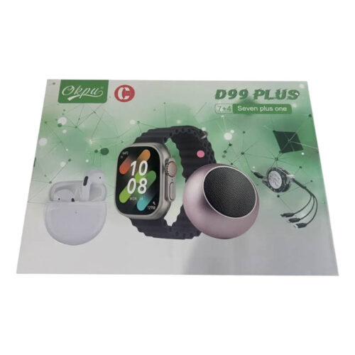 Kit smartwatch con 7 mallas + auriculares + parlante + cable USB D99 Plus - caja