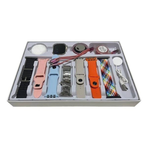 Kit smartwatch con 7 mallas + auriculares + parlante + cable USB D99 Plus - interior de la caja vista baja