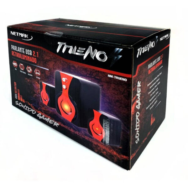 Parlantes USB retroiluminados Netmak NM-TRUENO - caja - vista lateral derecha Parlantes USB retroiluminados Netmak NM-TRUENO - caja - vista lateral derecha