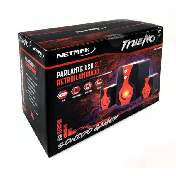 Parlantes USB retroiluminados Netmak NM-TRUENO - caja - vista lateral izquierda Parlantes USB retroiluminados Netmak NM-TRUENO - caja - vista lateral izquierda