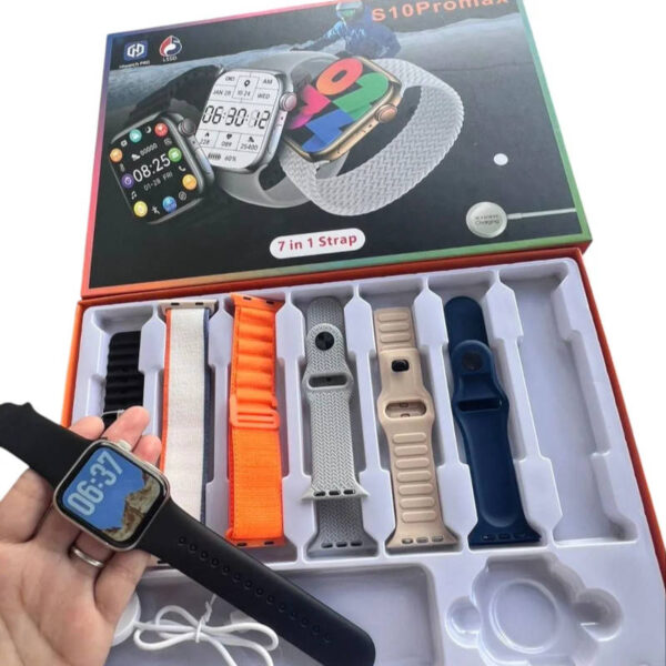 Reloj smartwatch S10ProMax con 7 mallas intercambiables - interior de la caja