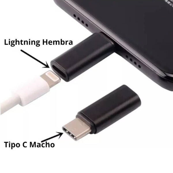 Adaptador USB tipo C macho a Lightning Apple hembra - ejemplo de uso Adaptador USB tipo C macho a Lightning Apple hembra