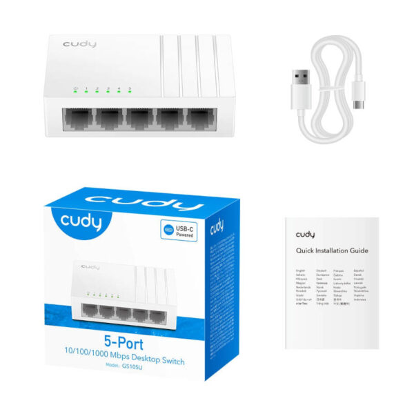 Switch 5 puertos 10 100 1000 Mbps Cudy GS105U - contenido de la caja Switch 5 puertos 10 100 1000 Mbps Cudy GS105U - contenido de la caja