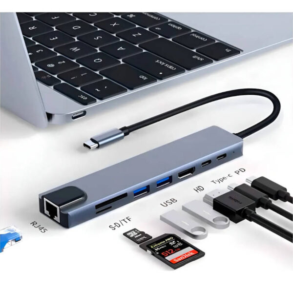 Adaptador Hub 8 en 1_ HDMI + PD + 2 USB + tipo C + SD + TF + RJ45 Adaptador Hub 8 en 1_ HDMI + PD + 2 USB + tipo C + SD + TF + RJ45
