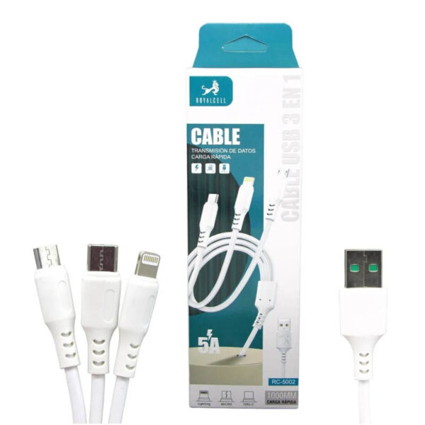 Cable USB 3 en 1 (Micro USB Lighting Tipo-C) Royalcell RC-5002 - presentación del producto Cable USB 3 en 1 (Micro USB Lighting Tipo-C) Royalcell RC-5002 - presentación del producto