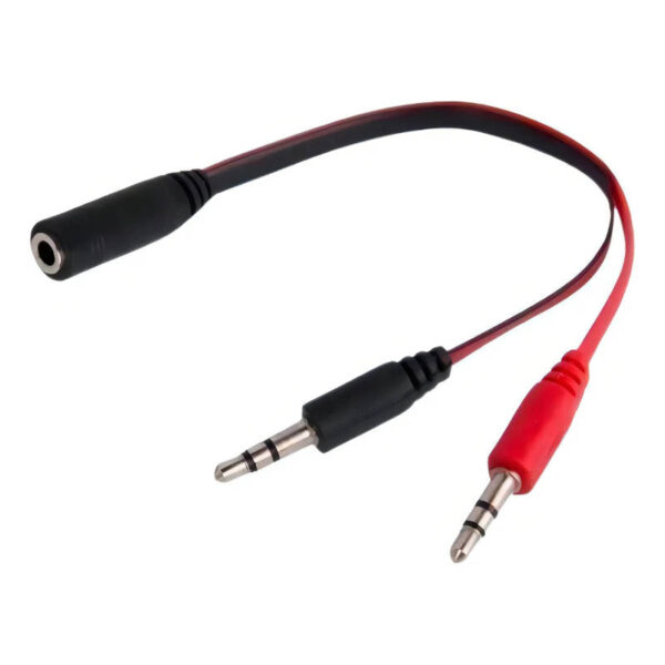 Cable splitter auricular + micrófono 1 hembra a 2 machos 20cm - puntas roja y negra