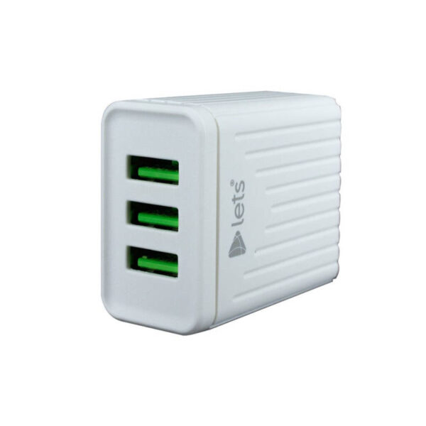 Cargador 220V Lets Mod08 - 4.4A - 3 USB + cable V8 (micro USB) - cargador vista de puertos usb Cargador 220V Lets Mod08 - 4.4A - 3 USB + cable V8 (micro USB) - cargador vista de puertos usb