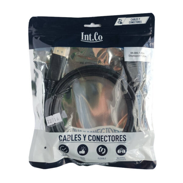 Cable Displayport M a Displayport M 1.8 metros 1080p Int.Co - bolsa Cable Displayport M a Displayport M 1.8 metros 1080p Int.Co - bolsa