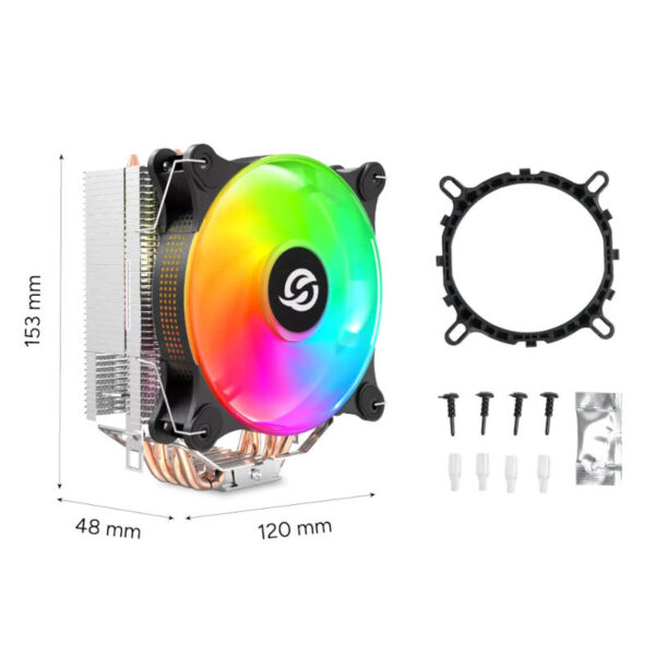 Cooler para CPU ARGB Solarmax CC-4203 120x120x25mm - contenido de la caja y dimensiones Cooler para CPU ARGB Solarmax CC-4203 120x120x25mm - contenido de la caja y dimensiones
