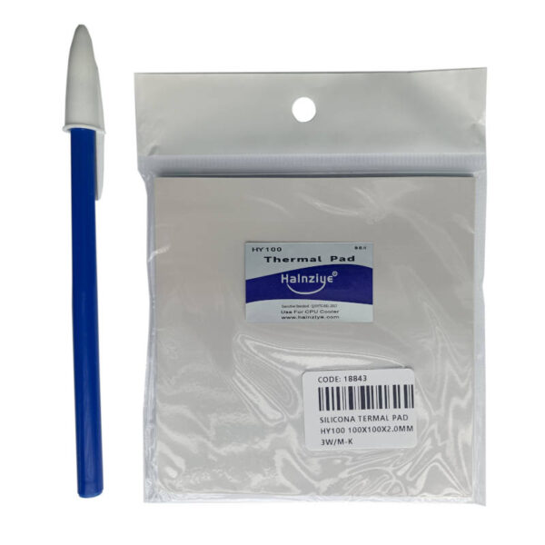 Pad térmico Halnziye HY100 100x100x2.0mm - relación de tamaño con lapicera bic Pad térmico Halnziye HY100 100x100x2.0mm - relación de tamaño con lapicera bic