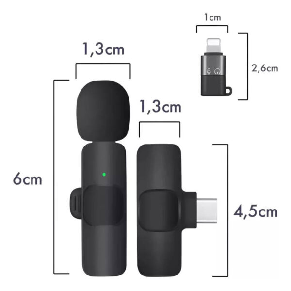 Micrófono dual 2 en1 inalámbrico con receptor tipo C y adaptador iPhone K9 - dimensiones