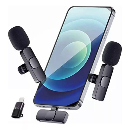 Micrófono dual 2 en1 inalámbrico con receptor tipo C y adaptador iPhone K9 - ejemplo de uso en celular