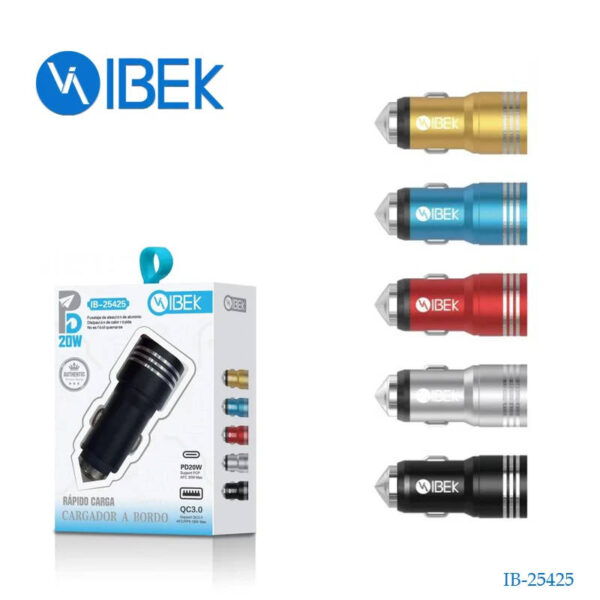 Cargador 12v para auto Ibek IB-25425 1 USB + 1 USB tipo C - presentación del producto