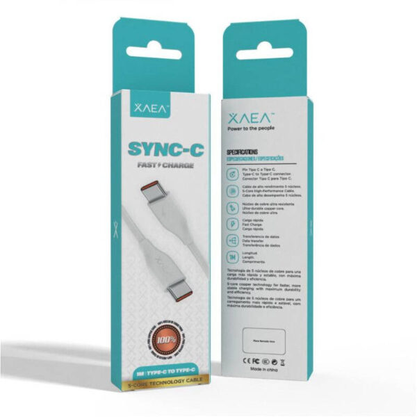 Cable USB tipo C a tipo C Xaea Sync-C - caja del derecho y del reves