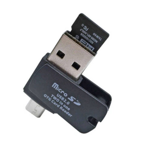 Adaptador OTG USB a micro USB con lector de micro SD Seisa - vista frontal con tarjeta micro sd en uso