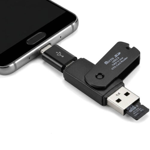 Combo adaptador micro USB hembra a tipo C macho + micro USB macho a USB con lector microSD