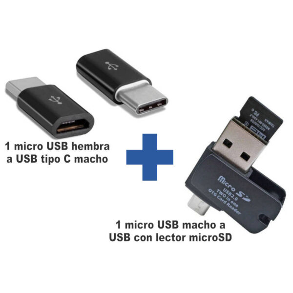 Combo adaptador micro USB hembra a tipo C macho + micro USB macho a USB con lector microSD - componentes Combo adaptador micro USB hembra a tipo C macho + micro USB macho a USB con lector microSD - componentes