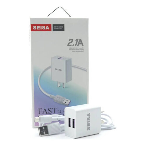 Cargador 220V Seisa T-C02 V – 2.1A – 2 USB + cable V8 (micro USB) - presentación del producto