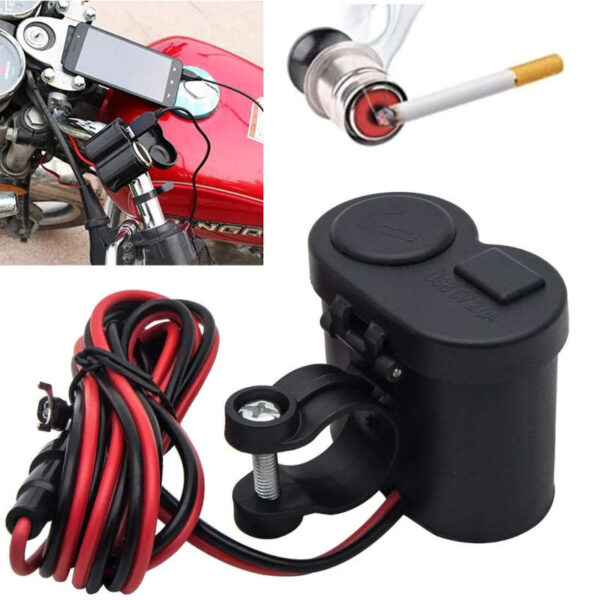 Cargador para moto con USB y encendedor Lambo Tech LT-25120 - encendedor en uso y cargador amarrado a la moto Cargador para moto con USB y encendedor Lambo Tech LT-25120 - encendedor en uso y cargador amarrado a la moto
