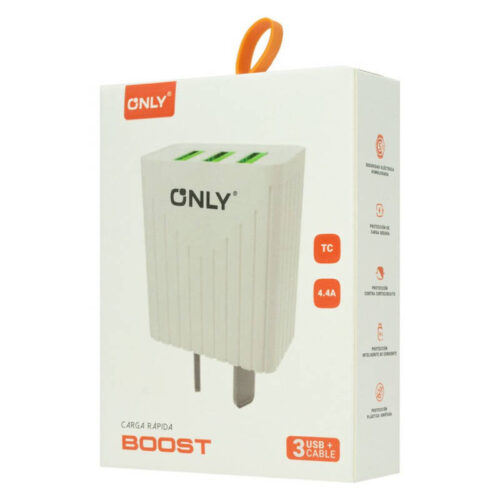 Cargador 220V Only Boost MODO-008 - 3 USB + cable tipo C - caja Cargador 220V Only Boost MODO-008 - 3 USB + cable tipo C - caja