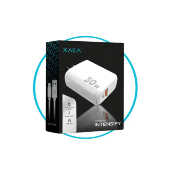 Cargador 220V Xaea Intensify – 1 USB + 1 USB tipo C + cable tipo C - caja Cargador 220V Xaea Intensify – 1 USB + 1 USB tipo C + cable tipo C - caja