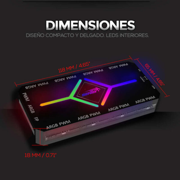 Hub splitter controladora ARGB PWM 9 puertos Sentey GS-1000 - dimensiones Hub splitter controladora ARGB PWM 9 puertos Sentey GS-1000 - dimensiones