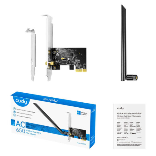 Placa de red Wifi PCI-e Dual Band Cudy AC650 - caja y contenido