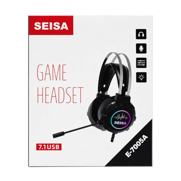Auriculares gamer USB con micrófono Seisa E-7005A - caja - vista frontal Auriculares gamer USB con micrófono Seisa E-7005A - caja - vista frontal