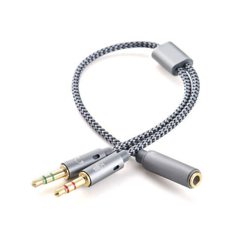 Cable splitter auricular + micrófono 1 hembra a 2 machos 23cm - gris Cable splitter auricular + micrófono 1 hembra a 2 machos 23cm - gris
