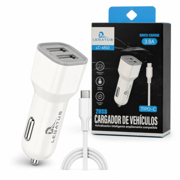 Cargador 12v para auto 2 USB + cable USB tipo C Legatus LC-4802 Cargador 12v para auto 2 USB + cable USB tipo C Legatus LC-4802