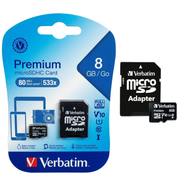 Tarjeta de memoria microSD Verbatim V10 8GB con adaptador a SD - presentación Tarjeta de memoria microSD Verbatim V10 8GB con adaptador a SD - presentación
