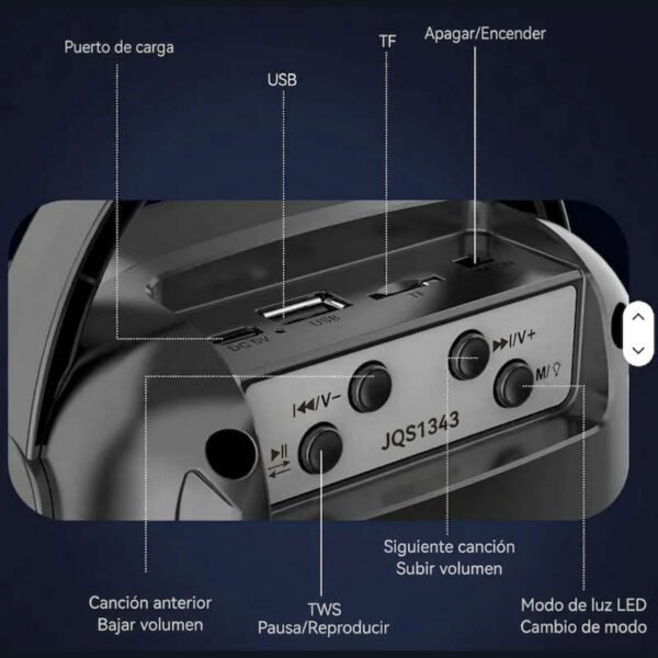 Parlante Bluetooth 3 Singe JQS1343 - detalle de puertos y botones Parlante Bluetooth 3 Singe JQS1343 - detalle de puertos y botones