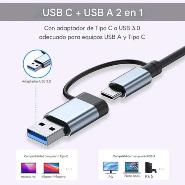Adaptador Hub 8 en 1_ 4 USB + tipo C + SD + TF + 3.5mm - amplia compatibilidad