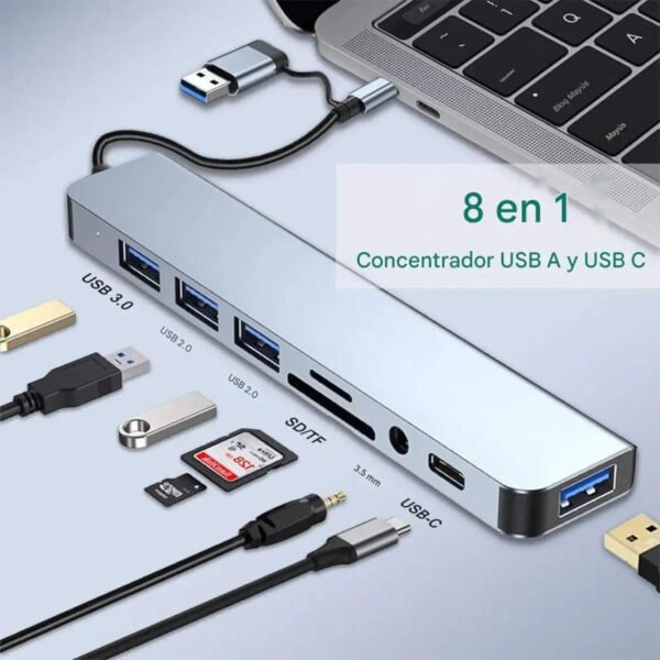Adaptador Hub 8 en 1_ 4 USB + tipo C + SD + TF + 3.5mm - ejemplo de uso