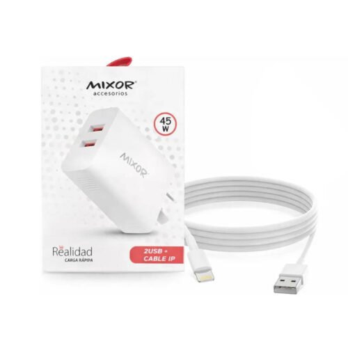 Cargador 220V Mixor Realidad MODM019 - 2 USB + cable Lightning - presentación del producto Cargador 220V Mixor Realidad MODM019 - 2 USB + cable Lightning - presentación del producto