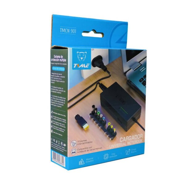 Cargador universal para notebook Time TMCN 901 - caja - frente lateral Cargador universal para notebook Time TMCN 901 - caja - frente lateral