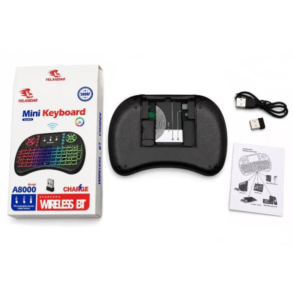 Miniteclado inalámbrico recargable con luces Yelandar A8000 - contenido de la caja Miniteclado inalámbrico recargable con luces Yelandar A8000 - contenido de la caja